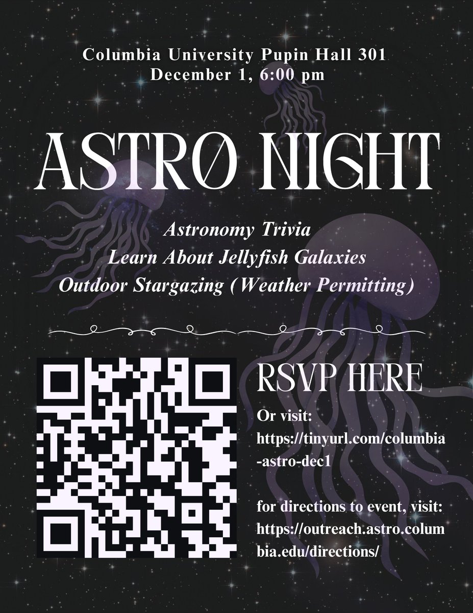 We're kicking off the holiday season with more astronomy! Join us Friday (Dec 1) at 6 PM in Pupin 301 to hear from Dr. Nick Luber, who will be giving a public talk titled "A Tale of Galactic Transformation: The Habitat of Jellyfish Galaxies." (RSVP here linktr.ee/columbiaastro)
