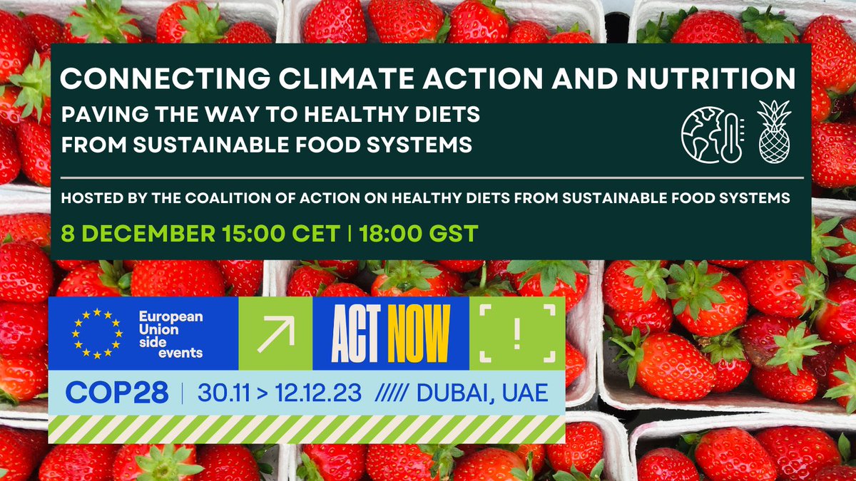 Healthy Diets from Sustainable Food Systems are a key solution connecting #climateaction and #nutrition 🌡️🍍

Join this special side event of #COP28 hosted by #EUatCOP28 on Dec 8th!🇪🇺🌍

💻Register here: bit.ly/3sGwxTf
