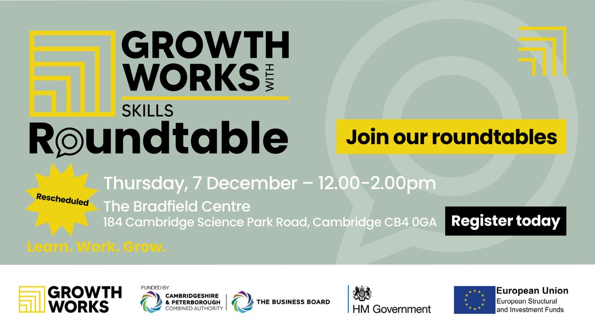 Join the Growth Works with Skills team for our rescheduled roundtable event next month, designed to streamline and enhance the entire 'access to skills' journey. Register today: bit.ly/49S2Pvb #CambridgeNetworking #GrowthWorksSkills #CambridgeshireBusiness