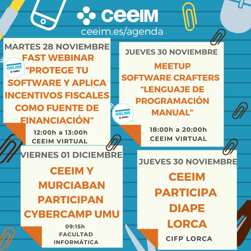 🔵 ⚫   ¡Ya está aquí nuestra agenda semanal!

💭 El martes #FastWebinar
🚀 Participamos en la #Diape de Lorca
👾 ¡Último meetup de noviembre!
🤖 @murciaban y CEEIM, presentes en el Cybercamp de la @umu

🔗 ceeim.es/agenda/