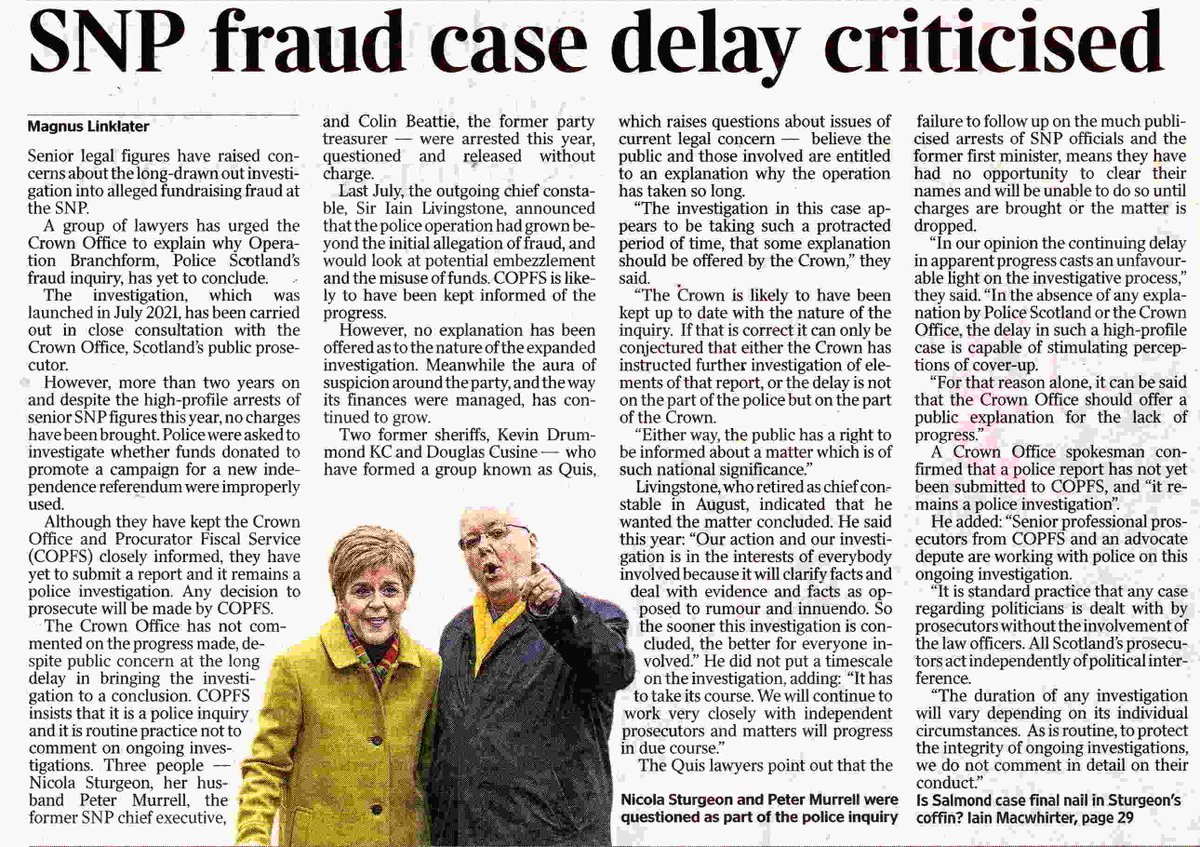 They simply MUST have found something... ''Lawyers ask why @theSNP fraud inquiry ‘is taking so long’' 'Public has a right to a Crown Office explanation about ‘a matter which is of such national significance’' 🇬🇧 thetimes.co.uk/article/lawyer…