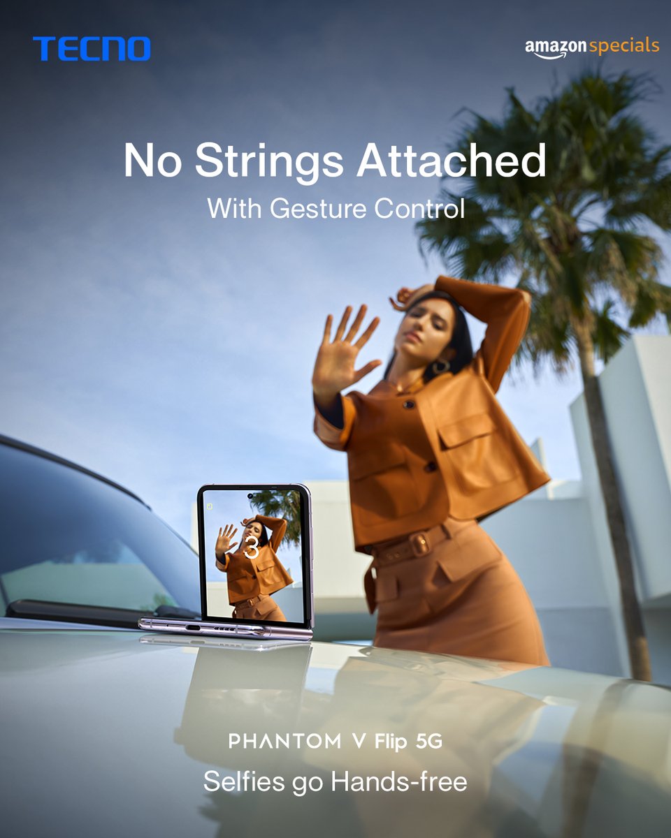 TecnoMobileInd's tweet photo. Swipe right ❎
Flip open ✅
Discover the equation to love for selfies with #PHANTOMVFlip5G.
Available for just ₹54,999 or starting at just ₹149/day on @amazonIN and at your nearest retail stores!
Buy Now: https://t.co/0o11GgcbP8
#TECNO #FlipInStyle https://t.co/0GBNcQTTTo