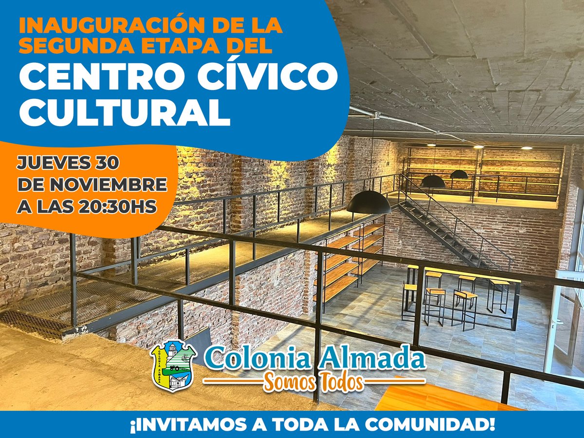 🟠Inauguración de la segunda etapa del Centro Cívico Cultural.

➡️Este jueves 30 de noviembre a las 20:30hs.

🙌Toda la comunidad de Colonia Almada está invitada a participar.
