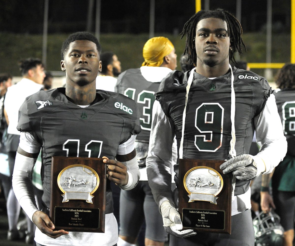 Congratulations to Huskies wide receiver Jaylin Moore, who was named the most valuable player, and linebacker Tymere Jackson, who was named player of the game in Saturday's Patriotic Bowl. They helped lead #ELAC to a 31-27 victory over Bakersfield College. #ELAC_Football #laccd