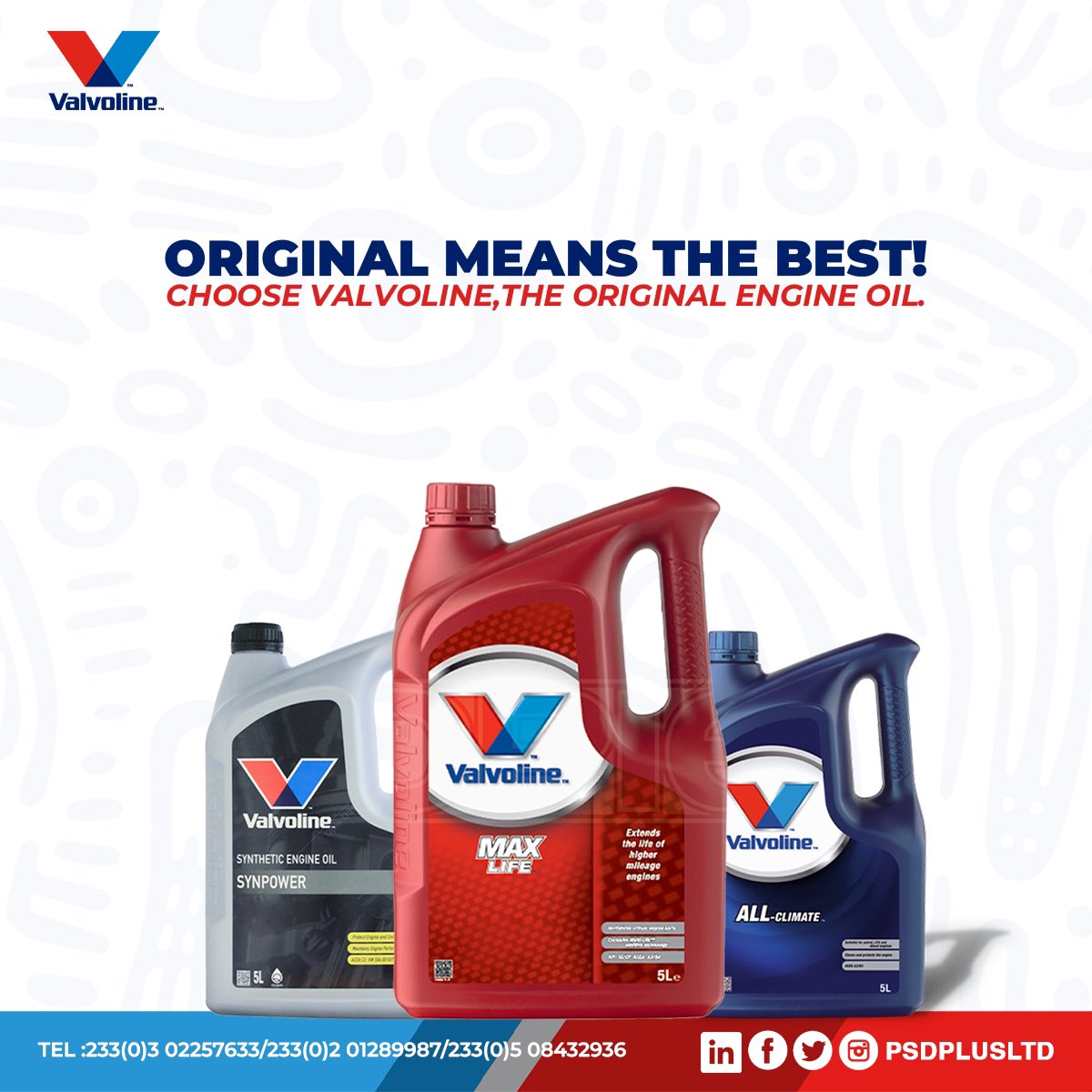 psdplusltd's tweet photo. Nothing but Original.
Valvoline,trusted for over 150 years.
#valvoline #valvolineoil #engineoilgh #engineering #lubricant #valvolineinstantoilchange #oil #engine #lubs #gear #gearoil #coolant #car #heavyduty #mechanic #driver #trotro #vehicle #moderncar #moderncars https://t.co/yLDtOIMPH2
