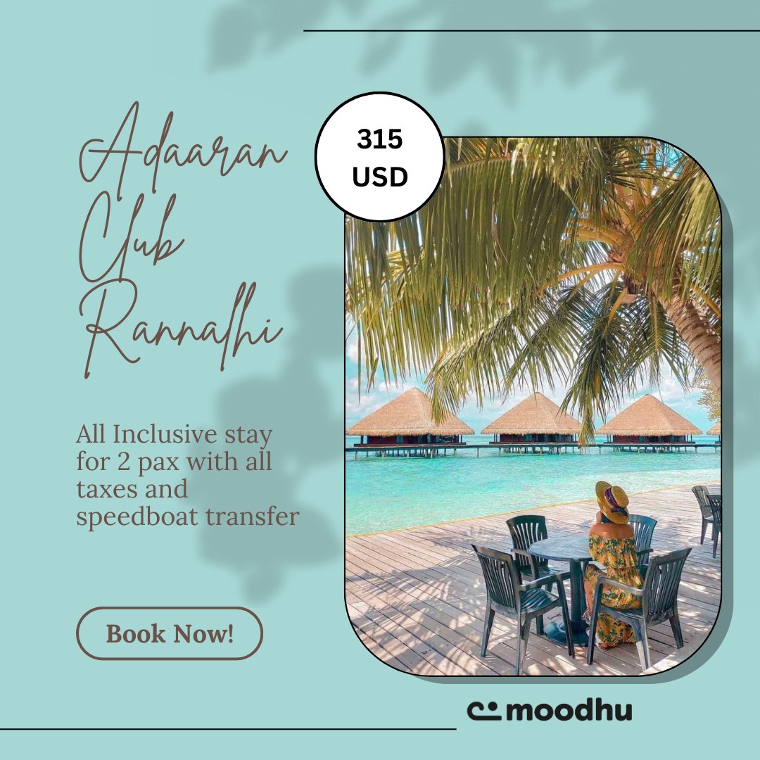 moodhumv's tweet photo. Adaaran Club Rannalhi (4*)        
Male’ Atoll by Speedboat        
Valid till 26th December 2023
    
Room Category: Standard Room        
Per night: USD 315 
        
Package includes the following:        
• All Taxes         
• All Meals
• Alcohol and non alcohol drinks 
• Snacks
• Soft drinks
• Full Stay 
• All Inclusive Basis    
• Speedboat transfer

For more information:
Phone: 960 7987793 , 7987794
Website: https://t.co/2HhsByJhWf
Email: reservation@moodhu.com.mv

#MoodhuMv #MoodhuHolidays #FalimGroup #Maldives #mageyrajje #sunnysideoflife #MaldivianExperience #themaldives #maldivesisland #moodhuReward