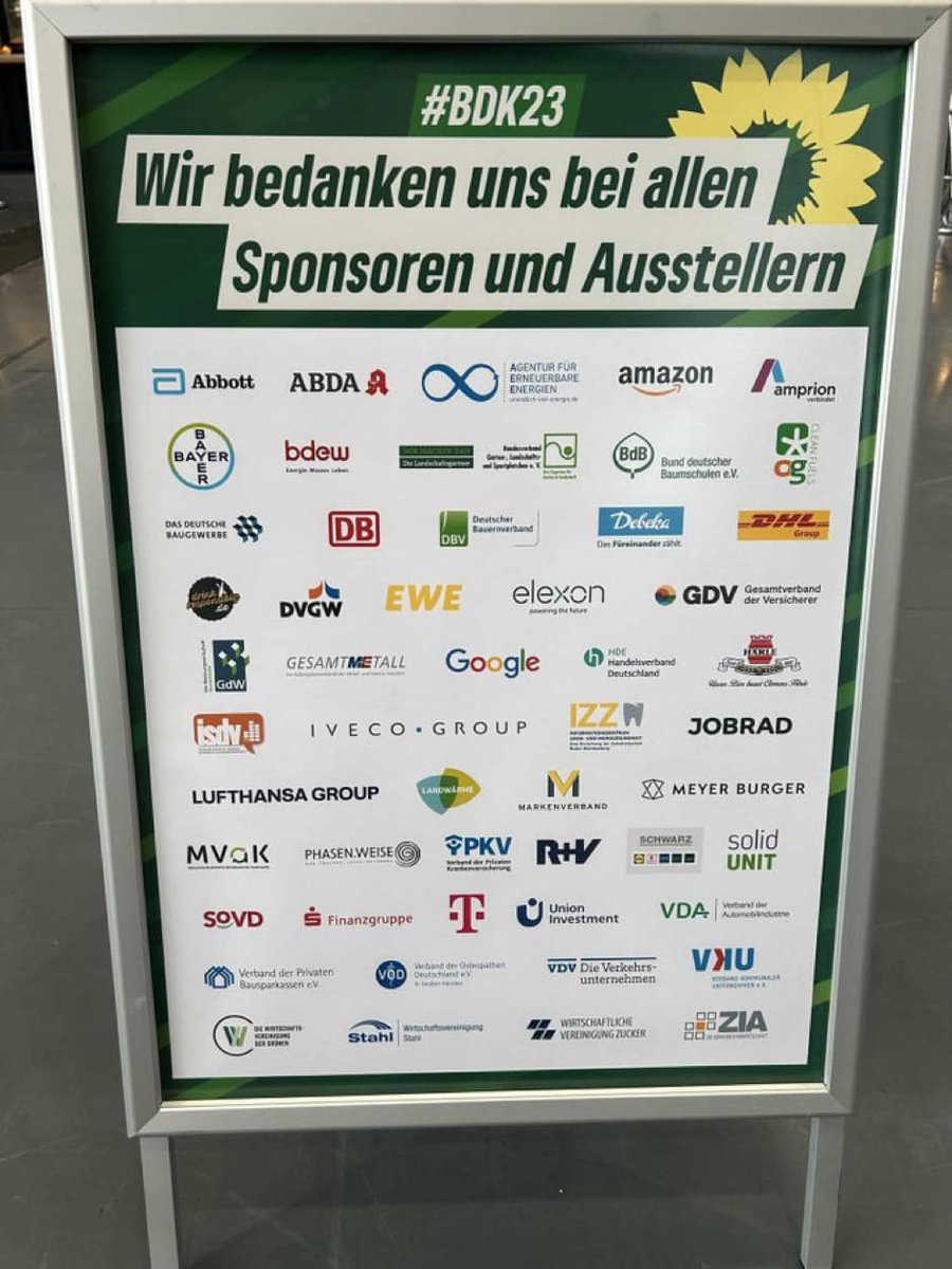 AlexUlrichRLP's tweet photo. Noch Fragen? Hier die Sponsoren des Parteitages der Grünen… https://t.co/cMafmARiiy