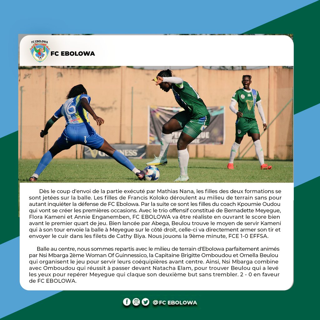 FCEbolowa's tweet photo. @FCEbolowa remporte le Guinnessico 3️⃣🆚1️⃣ face à #EFFSA grâce au doublé de Meyegue et au but de Kameni.CHRONIQUE D'UN MATCH DE HAUT NIVEAU 📝
#MatchStory|#Guinnessico|#Day6 #FCEEFS|#Omnisports|#GSL4 #LFFC #Fecafoot #PortofKribi #UltimateSarlCameroun
#EnsembleEcrivonslHistoire https://t.co/E84d08H8S2
