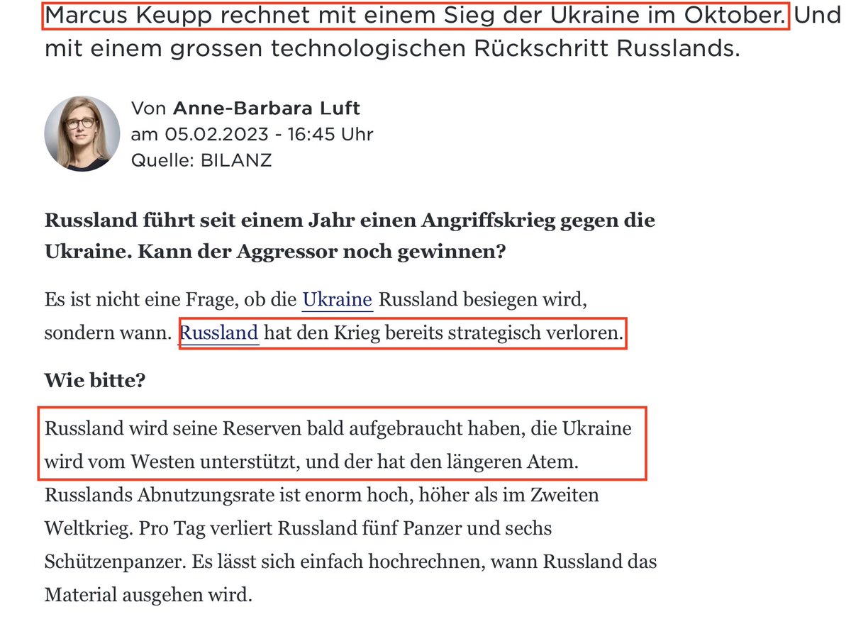 FWarweg's tweet photo. "Im Oktober dieses Jahres wird die Ukraine Russland besiegen." + "Fast alle Bereiche der Wirtschaft sind zusammengebrochen." + "🇷🇺wird zu einem Entwicklungsland." Nur 3 von zahlreichen Aussagen des "Militärexperten" Marcus Keupp im Laufe des Jahres 2023. Keine seiner Prognosen & Behauptungen hat sich bewahrheitet. Nicht eine einzige. Nichtsdestotrotz wird dieser "Experte" bis heute durch die Redaktionen der deutschsprachigen Leitmedien gereicht als sei nichts geschehen und soweit ersichtlich auch nicht auf seine nachweislich von der Realität widerlegten Aussagen & Prognosen angesprochen:
https://t.co/JYXcljsYfa