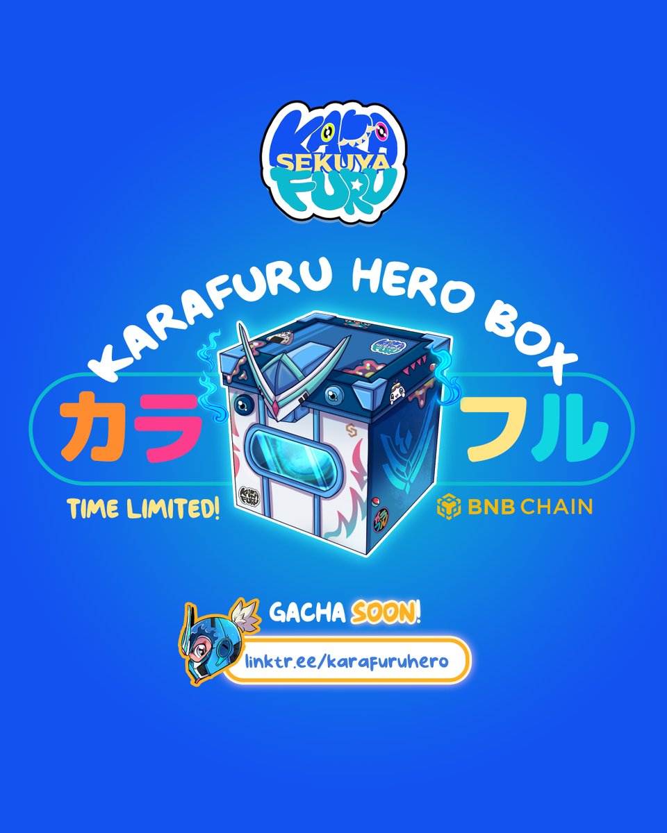 sekuyaofficial's tweet photo. 🥷FIRST LOOK! EGAO IN KARAFURU HERO BOX! 🔥

🎉 Time Limited! (1 Month Only)
🎉 SSS Items / Playable SSS Hero
🎉 Store of Game Exp (Tradable Player Exp!)
🔶 Gacha: 30 Nov 23 / 0.2 BNB

🔥 @sekuyaofficial x @KarafuruNFT powered by @BNBCHAIN ➡️ https://t.co/6xME5WSR4N 

#KarafuruGacha #Sekuya #NFT #MMORPG #MOBA