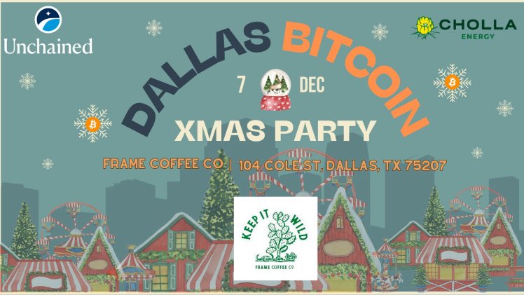 BossHogCapital's tweet photo. Ho Ho Dallas #Bitcoin ers! 🎅🏼

Join us Dec 7th for our end of year Holiday party featuring:

🎁 Xmas market - a variety of stocking stuffers you can buy with bitcoin
🍗 Catered food 
🍾 Bartender &amp; seasonal cocktails
🎶 Classic Christmas vibes

Spread the word and see you there! https://t.co/B3WGhXI8bV