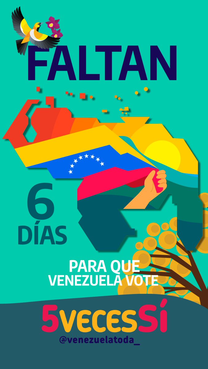 Apenas 06 días para el gran compromiso con nuestra historia❗❗❗❗

Este 03 de diciembre votaremos SÍ masivamente.

Sigamos movilizados hasta rescatar lo que nos pertenece.

#SerVenezolanoEsSerEsequibo