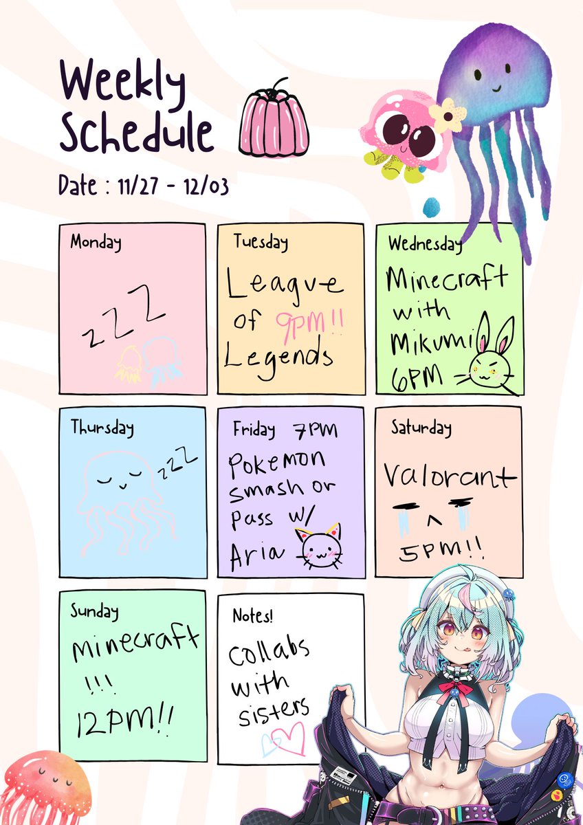 minazukimana_en's tweet photo. 🪼 SCHEDULE🪼
( ̄^ ̄ )ゞ
attention jelliance! i've really been enjoying handwriting my schedule.. this is what i have prepared for this week with more collabs with my sisters!! ٩(^ᗜ^ )و ´-
general tag: #minazukimana
live tag: #manalive
art tag: #manaart
clips: #manaclips #manamemes
art by @/edoara