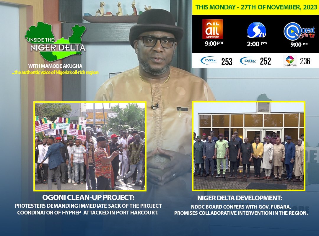 Join us today, on AIT by 9:00pm, @silverbirdtv by 2:00pm and QUEST TV by 9:00pm for another episode of inside the Niger Delta with Mamode Akugha.

#insidethenigerdelta #Abia #Akwaibom #Bayelsa #Rivers #imo #Delta #Edo #Ondo #Crossriver #insidethenigerdeltawithmamodeakugha 
#news