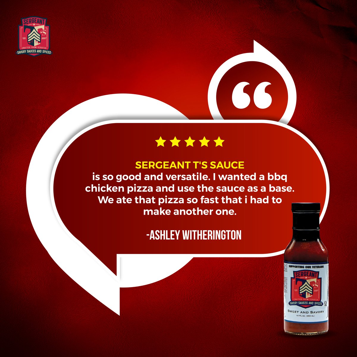 SergeantTsSauce's tweet photo. Flavor Explosion Alert! 🔥✨ Dive into the captivating world of Sergent T' sauce through the words of our delighted customer, Ashley. 🌟 

Experience the magical taste for yourself by ordering a bottle yourself! 👉https://t.co/yISmWHcP4H

Share your saucy stories below! 🍽️💥 https://t.co/CyvqMbrdrs