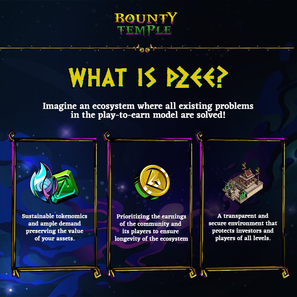 BountyTemple's tweet photo. I’m sure many of you are familiar with P2E games…but what exactly is P2EE?

P2EE stands for Play-to-Earn Evolution, a vast upgrade of the P2E model where we solve the most common pain points of the industry. Read on to find out more!

#BountyTemple #P2EE #GameFi #Polygon #TYT https://t.co/0wSmd2Dudo