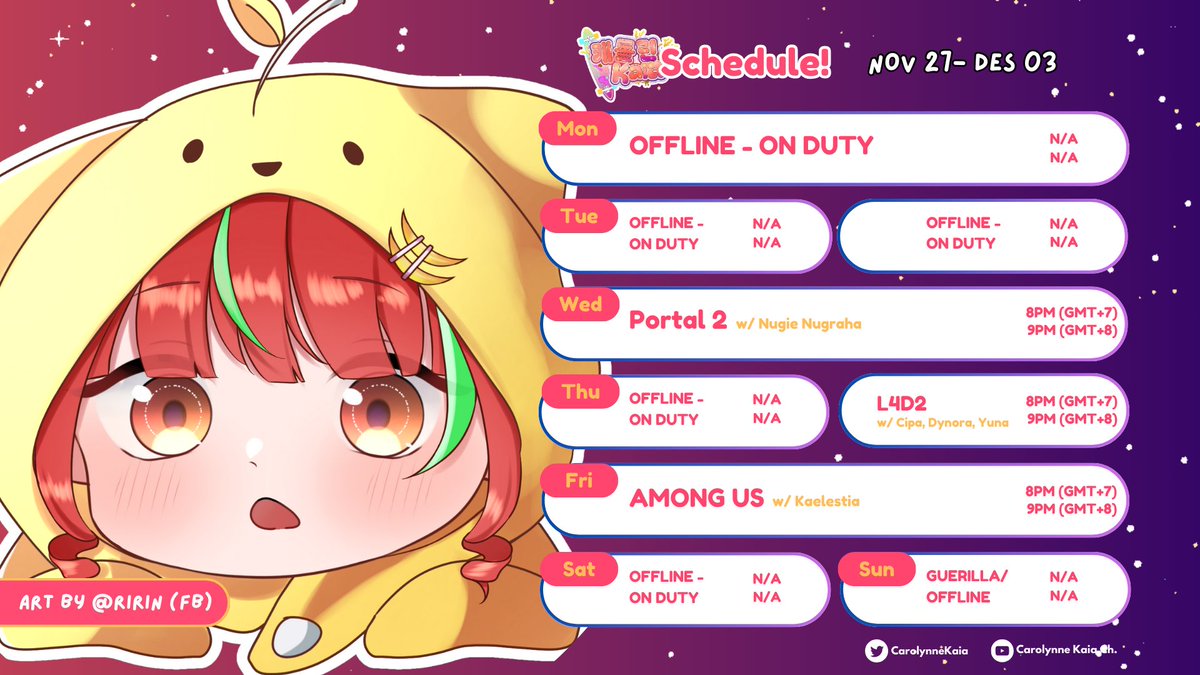『 WEEKLY SCHEDULE 』
Skedulnya telat gak? WKKWK, ini ya!

▸ Youtube : youtube.com/@CarolynneKaia
▸ WEEK 1 of December (27 Nov - 3 Dec)

『 HASHTAG 』   
▸Oshimark :🦅💫
▸ FanName : #Kaelestia
▸ Info : #CarolInfo
▸ Live : #OnKaiAir
▸ Clips   : #KaeroClips

#VtuberID #VtuberEN