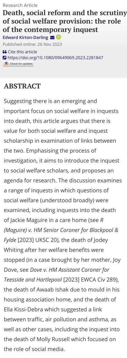 If you are interested in social welfare (broadly understood) and/or the inquest, a piece I wrote on the contemporary inquest and social reform has just been published and is open access: tandfonline.com/doi/full/10.10… Screen shot of the abstract below.