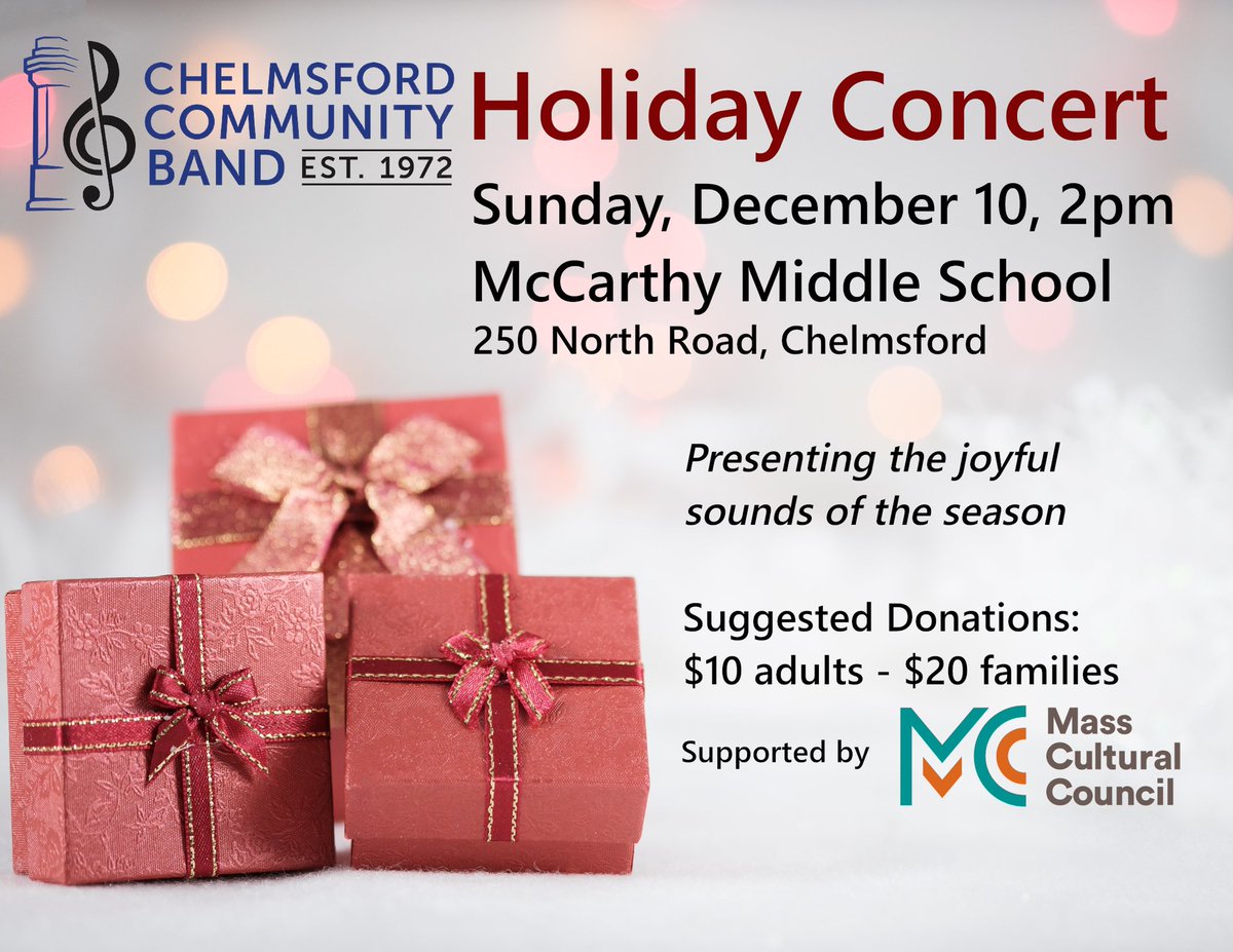 If classical is more your style, the concert band will be providing you with Sleigh Ride, Christmas Festival, and all the favorites on Sunday, Dec 10, 2pm, at McCarthy Middle School.

#Chelmsford #HappyHolidays #communitybands #sleighride
