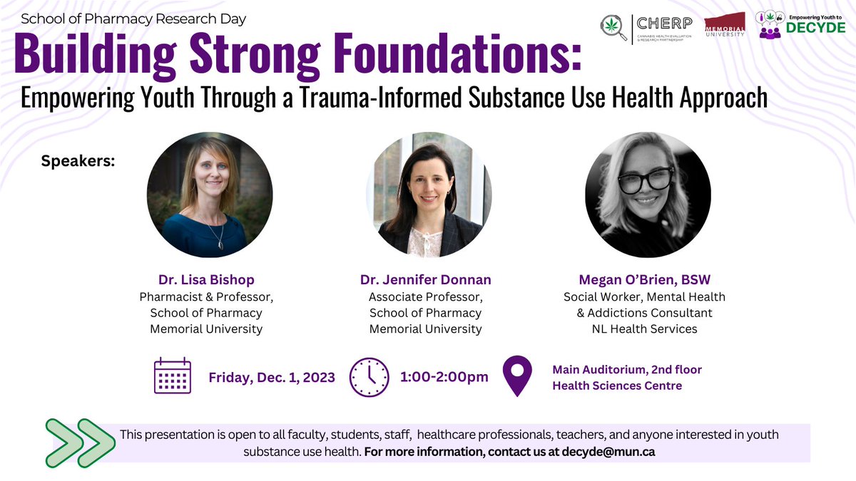 DECYDE (@decyde_mun) on Twitter photo The keynote presentation "Building Strong Foundations: Empowering Youth Through a Trauma-Informed Substance Use Health Approach" starts at 1PM in the Main Auditorium at the Health Sciences Centre.
Keynote presenters: <a href="/ldbishop1/">Lisa Bishop</a>, <a href="/jrdonnan/">Jennifer Donnan</a> and <a href="/AuDHDSW/">Meg O</a>.
#DECYDEatMUN
(2/2 🧵) The keynote presentation "Building Strong Foundations: Empowering Youth Through a Trauma-Informed Substance Use Health Approach" starts at 1PM in the Main Auditorium at the Health Sciences Centre.
Keynote presenters: <a href="/ldbishop1/">Lisa Bishop</a>, <a href="/jrdonnan/">Jennifer Donnan</a> and <a href="/AuDHDSW/">Meg O</a>.
#DECYDEatMUN
(2/2 🧵)