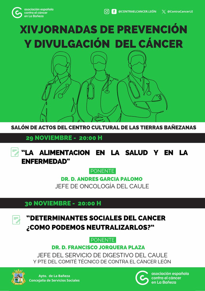 XIV JORNADAS PREVENCIÓN Y DIVULGACIÓN DEL CÁNCER-LA BAÑEZA-29 y 30 NOV
La prevención es un pilar fundamental en el cáncer, por ello una de nuestras ppales. actividades es la divulgación científica y médica
Un año más la JL La Bañeza, organiza sus jornadas, con ponentes de lujo