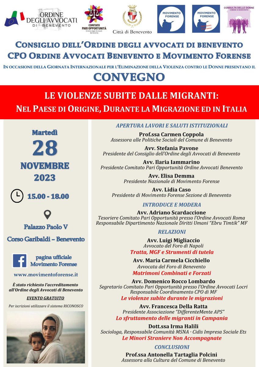 MovimentoForense #convegno #dipartimentodirittiumani #Benevento il 28.11.2023 ore 15:00-18:30 “LE VIOLENZE SUBITE DALLE MIGRANTI”  <a href="/albertovigani/">Alberto Vigani</a> <a href="/marichiruzza/">Maria Chiara Ruzza</a> <a href="/MCesali/">Massimiliano Cesali</a> <a href="/radiotribunale/">RadioTribunale</a> <a href="/AScardaccione/">Adriano Scardaccione</a>