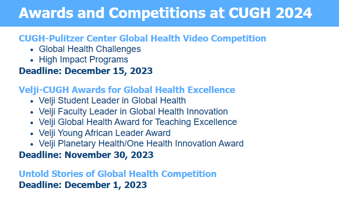 The CUGH wishes to acknowledge the accomplishments of individuals who contribute to the advancement of global health worldwide! Apply here: cugh2024.org/honors @CUGH_TAC @keithmartinmd