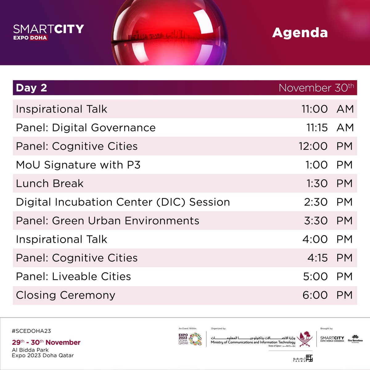 MCITQatar's tweet photo. To know more about the details of the Smart City Expo Doha 2023, this Agenda will guide you through!
Register here: https://t.co/shIEt3SdKB
#MCIT #SCEDOHA23 #SCEWC #AWorldOfData #ConnectingPeopleElevatingLives
#ExpoDoha2023 https://t.co/s6x4oTqIsM