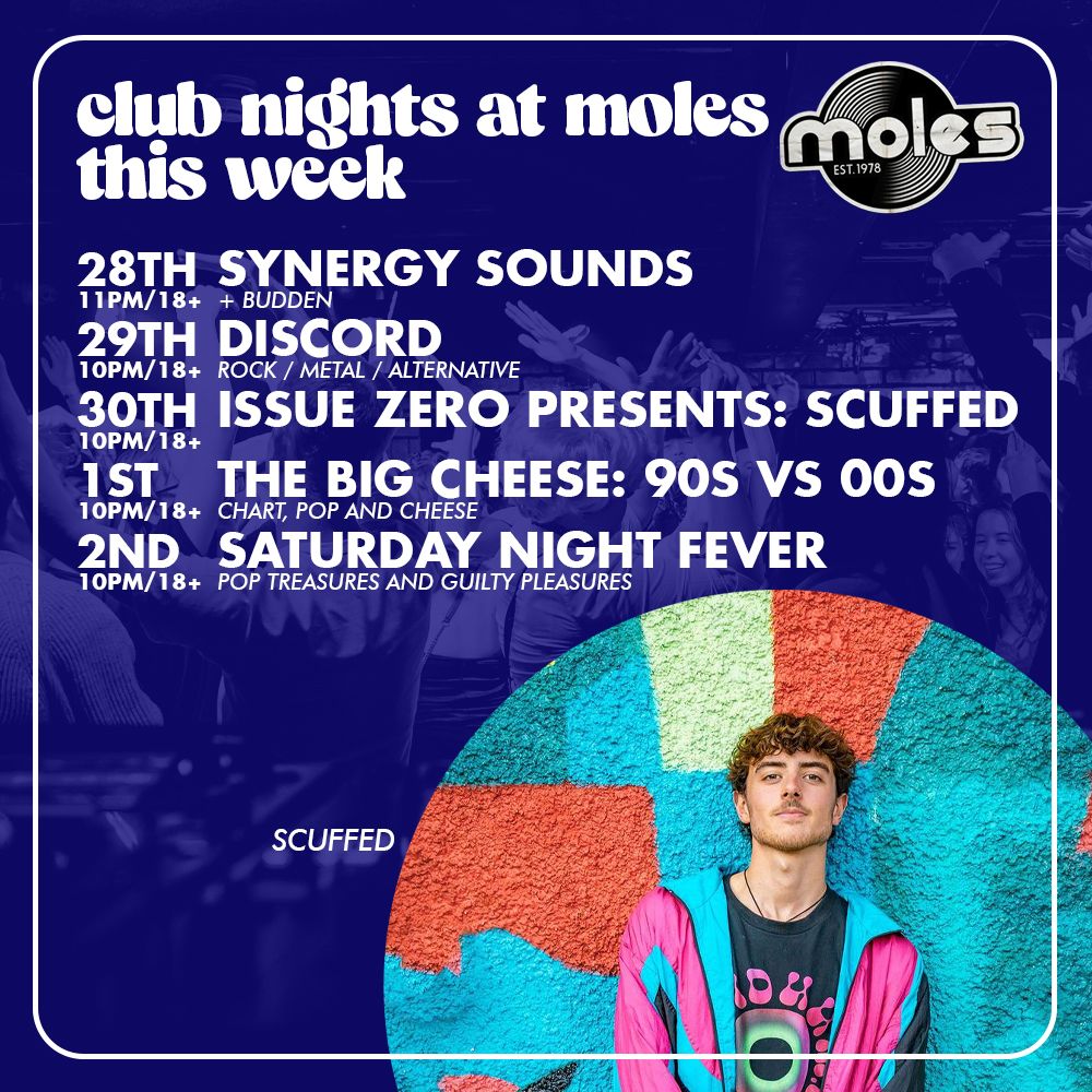 What's on at Moles this week! Tickets for all events at moles.co.uk/events #whatson #listings #independentvenue #livemusic #clubnights #drag