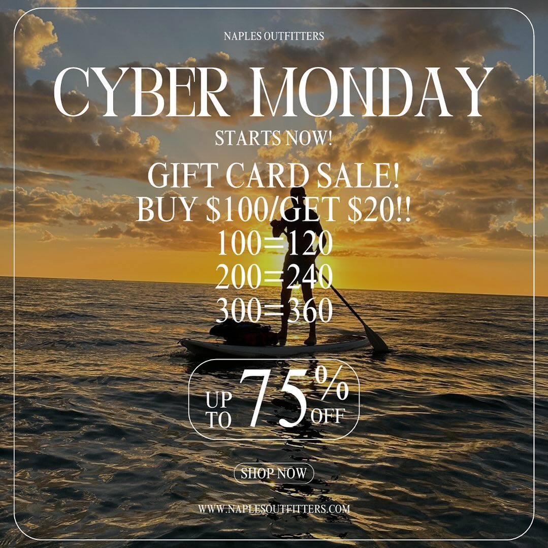 RisingTideFL's tweet photo. #CYBERMONDAY💻also in the store on Bayshore at #NaplesOutfitters! #RisingTideFL Boat &amp; Kayak Tours can also be booked at the shop. Sales online UP TO 75% off!
For every $100 purchased in gift cards, get a $20 gift card- FOR FREE!
#blackfriday #shoplocal #BayshoreArtsDistrict https://t.co/dqhZUAY849