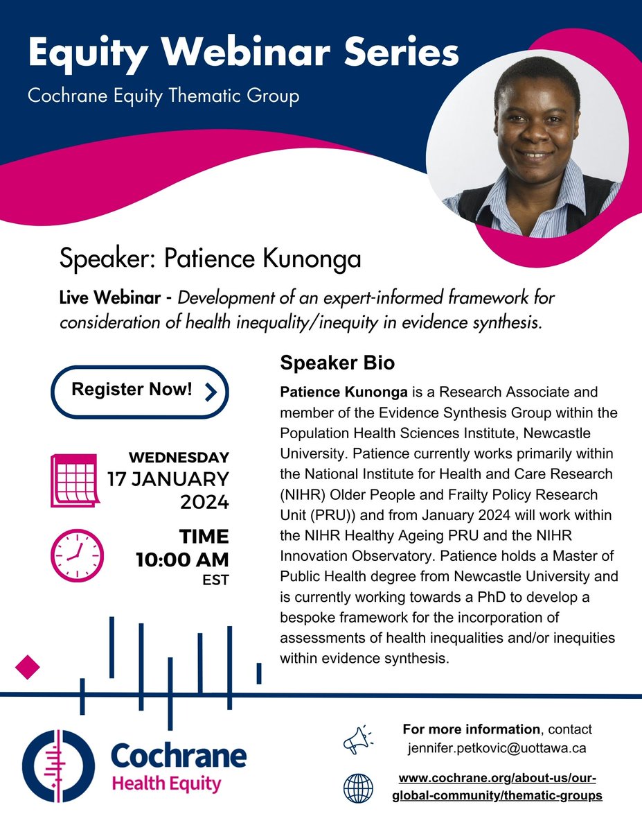 On January 17th, @KunongaPatience will present some of the work from her #PhD as part of @CochraneEquity webinar series!
