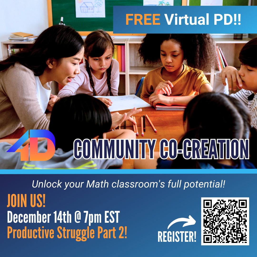 4dMath's tweet photo. Math Teachers! Join us Dec. 14th at 7 pm EST for the FREE #virtual Math PD! We will focus on #CoCreating ways to support our #students #ProductiveStruggle

Link to register: https://t.co/BNgBkuUCZ7

#MathPD #MathEducation #4DMA #FreePD #PD  #Math #Reasoning #Community #CoCreation https://t.co/HeDdbsHM69