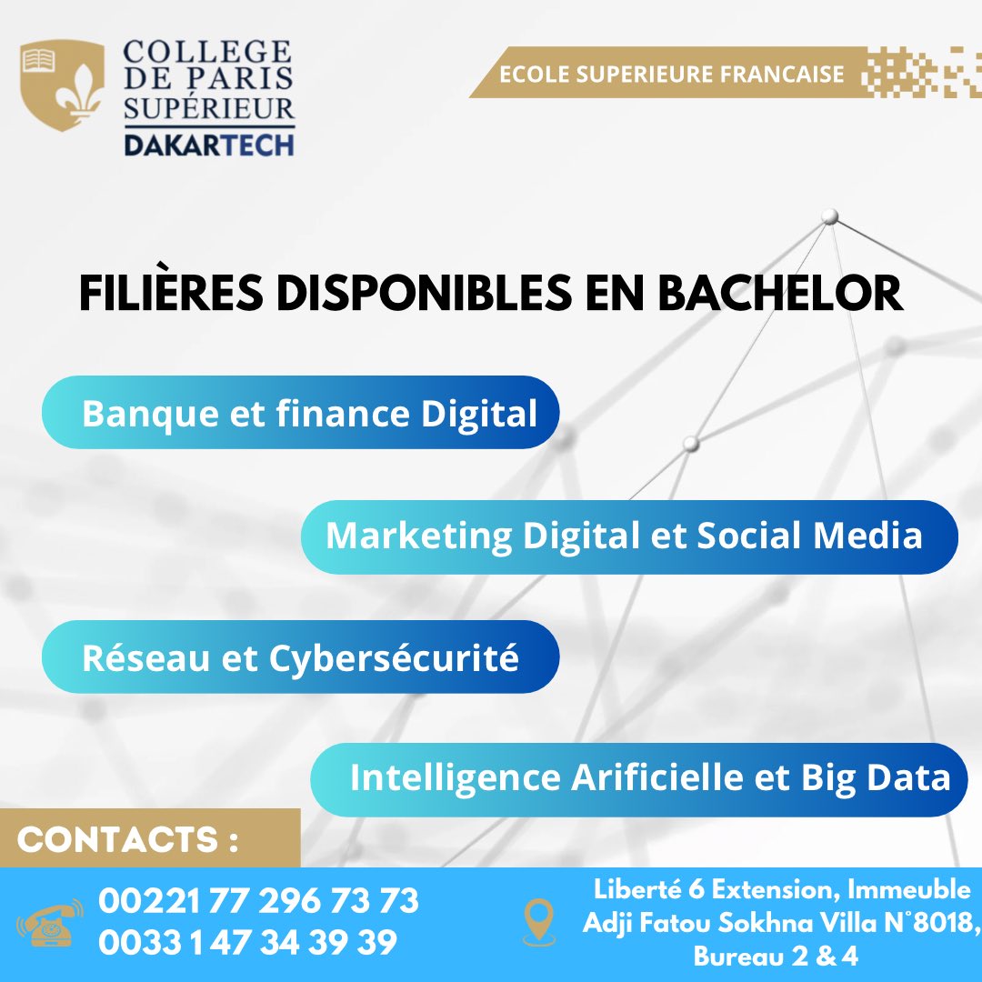 CDakartech's tweet photo. 🇸🇳Filières disponibles en bachelor🇸🇳 

Être titulaire d’un diplôme dans les métiers du futur : #digital et #IntelligenceArtificielle est un avantage majeur pour un essor professionnel considérable. https://t.co/wNvaGHWblR