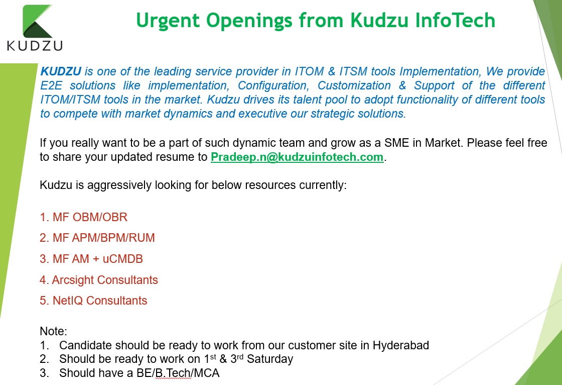 kudzu_infotech's tweet photo. #microfocus #opentext #technology #hyderabadjobs #Hyderabad #itom https://t.co/JeaII8dooI