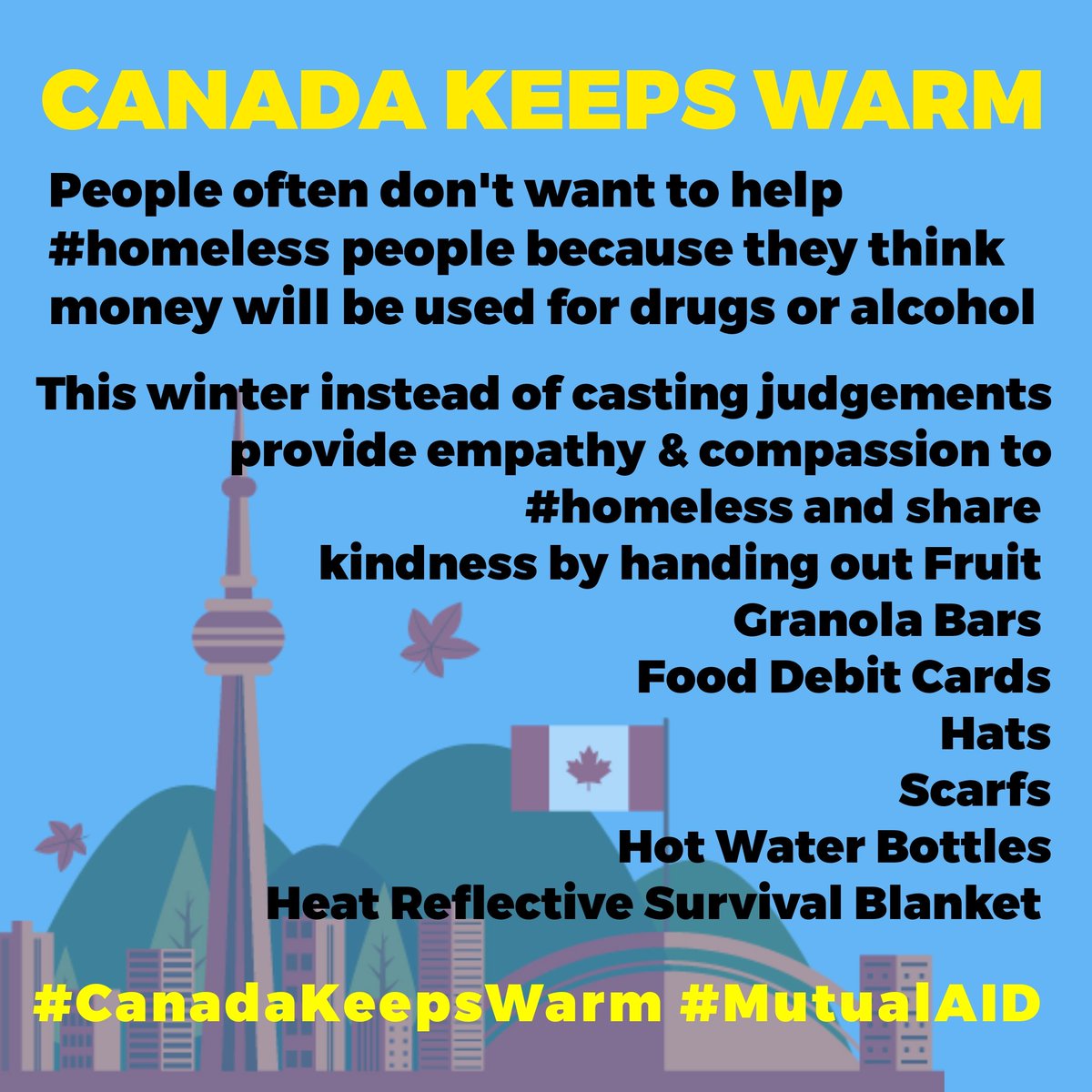 LeeJle2's tweet photo. People don't help #homeless people because they think money will be used for drugs or alcohol 
With Shelters full this winter instead of casting judgements provide empathy &amp; compassion to #homeless &amp; share kindness by handing out critical winter survival items so #CanadaKeepsWarm https://t.co/gU4IONhnFk