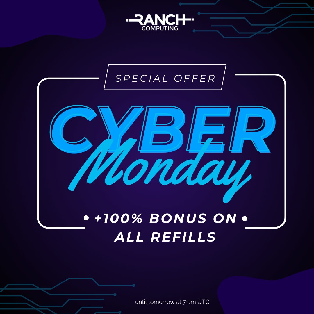 RANCHComputing's tweet photo. 🚨 #CyberMonday at Ranch Computing! 🚨
+100% bonus on ALL recharges until 7 AM tomorrow! Don't miss out our biggest offer of the year.
Visit now: https://t.co/ydVnjXAqgQ
#TechDeal #RanchComputing #DoubleUp #cybermonday #bigdeal https://t.co/cd5hDb2Yfn