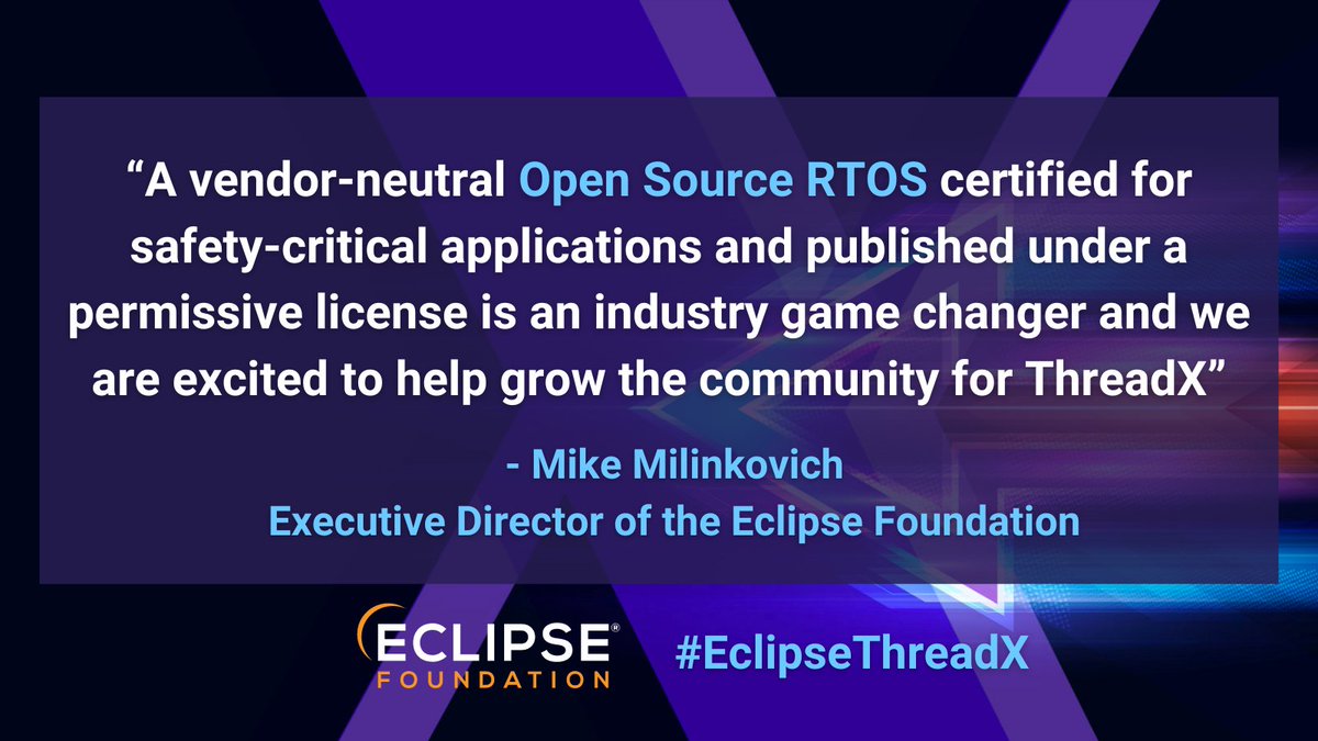 EclipseFdn's tweet photo. #EclipseThreadX will be the world’s first #opensource real-time operating system (RTOS) with multiple safety and security certifications governed under the stewardship of a vendor-neutral foundation. Learn more: https://t.co/0N9hz6Ry5y #embeddedsystems https://t.co/1Jp6cofE6p