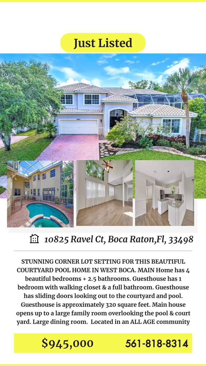 LemonDropRealty's tweet image. JUST LISTED $945,000 
10825 Ravel Ct, Boca Raton 
Renovated 5 Bed, 3.5 Bath, 2 Car garage with a pool with spa #homebuyers #homesellers #zillow #Realtor #MLS RX-10938592 
Thinking about making a move? 
Call #Realtor Matthew Lemon #561.818.8314 #LemonDropRealty