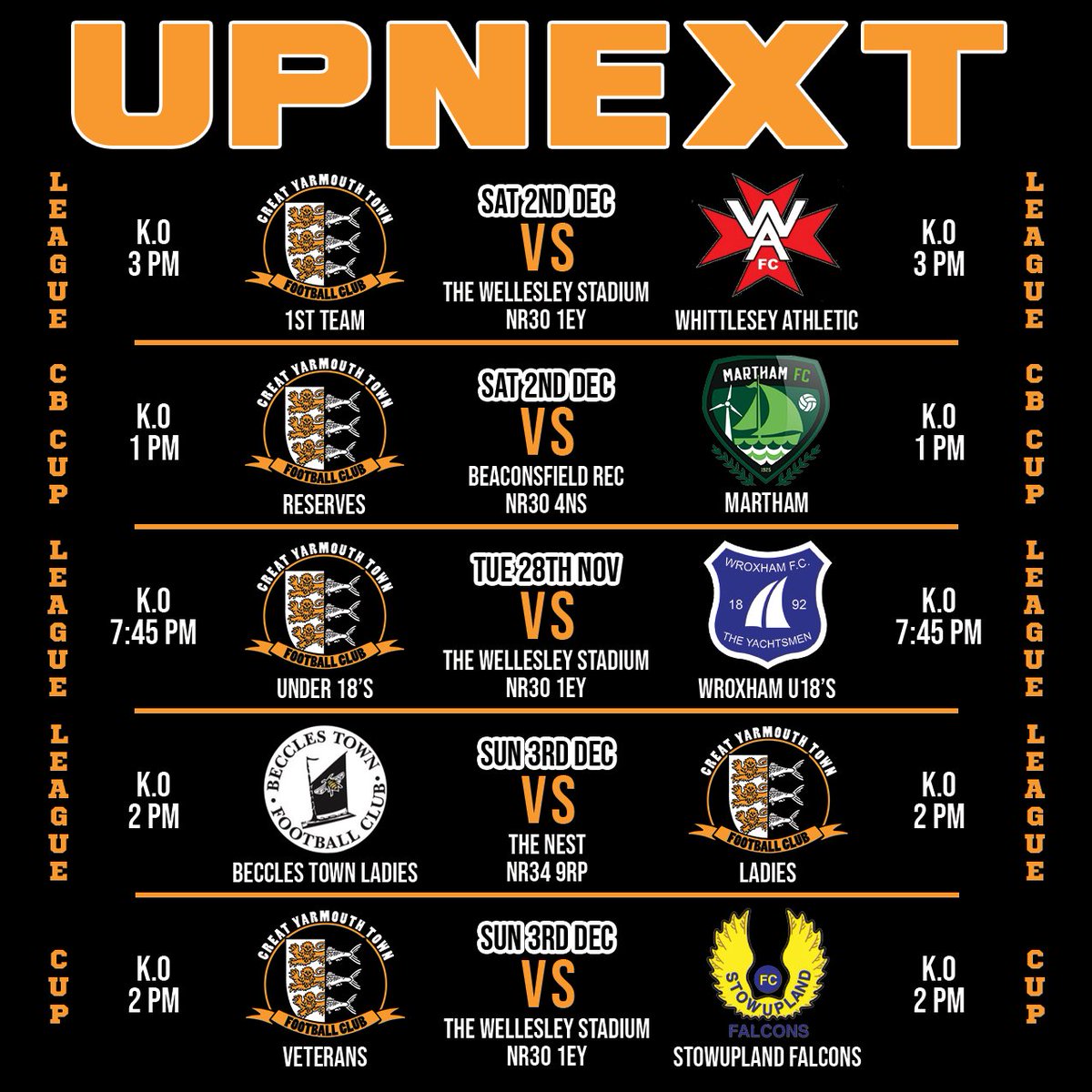 🧡🖤UPNEXT 🖤🧡
2/12 - 1st Team host <a href="/WhittleseyAthFC/">Whittlesey Athletic</a>
2/12 - Reserves host <a href="/MarthamFC1/">Martham FC</a>
28/11 - U18's host <a href="/The_Yachtsmen/">Wroxham FC</a> U18
3/12 - Ladies away to <a href="/BecclesFC/">Beccles Town FC - Mens</a> Ladies
3/12 - Vets host <a href="/StowFalcons/">Stowupland Falcons</a>
#thebloaters #nonleaguefootball #upnext #greatyarmouthtownfc