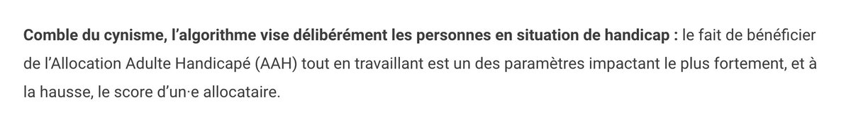 Olivier Tesquet (@oliviertesquet) on Twitter photo Après des mois de bataille administrative, <a href="/laquadrature/">La Quadrature du Net</a> et <a href="/changerdecap/">Changerdecap</a> ont enfin obtenu le code source de l'algorithme de notation la CAF. Comme suspecté, celui-ci discrimine structurellement les personnes en situation de précarité ou de handicap.
laquadrature.net/2023/11/27/not… Après des mois de bataille administrative, <a href="/laquadrature/">La Quadrature du Net</a> et <a href="/changerdecap/">Changerdecap</a> ont enfin obtenu le code source de l'algorithme de notation la CAF. Comme suspecté, celui-ci discrimine structurellement les personnes en situation de précarité ou de handicap.
laquadrature.net/2023/11/27/not…
