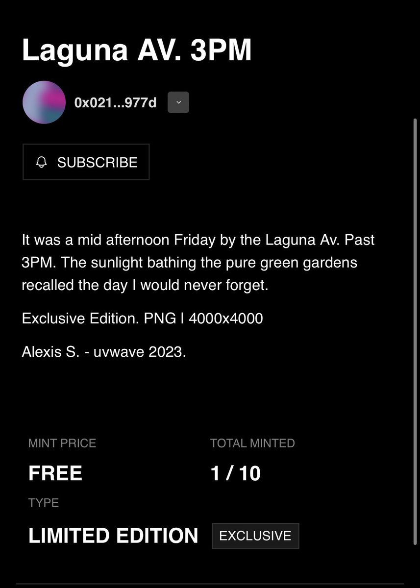 Big thanks to my dear friend @moodSlime_ for minting the first edition of “Laguna AV. 3PM”! Great to see the continuous support ❤️‍🔥🎨 All my collectors benefit this free claim event via allow list! 09 left. Enjoy!