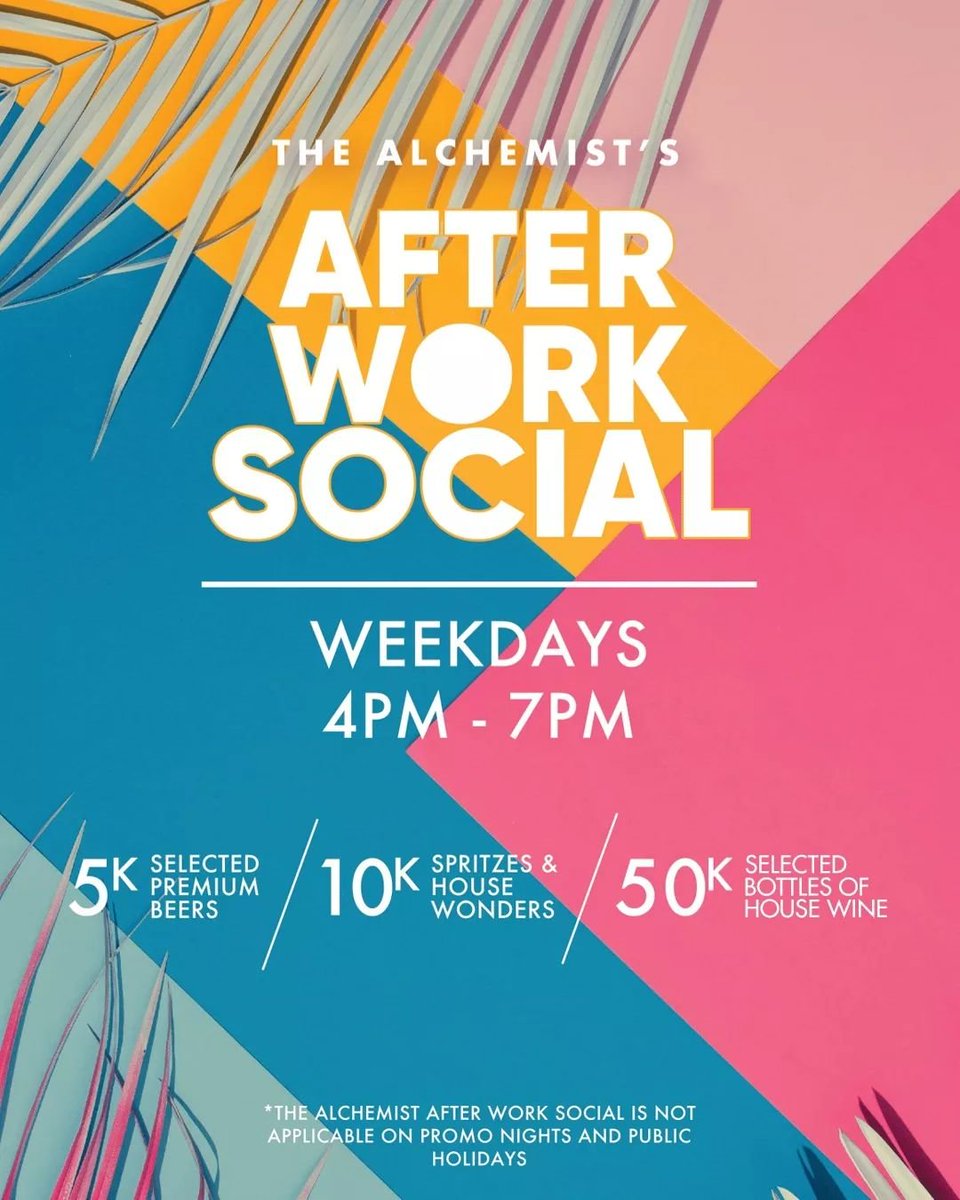 thealchemistkla's tweet photo. If you’re looking to cool off, we’ve got a refreshing after work drinks offer just for you.🍸🍻 #AfterWorkSocial #Drinks #HappyHour

- Selected Draught Beers - 5K
- Spritzes &amp; House Wonders - 10k
- Selected Bottles of House Wine - 50k. https://t.co/1fUKjFzQf9