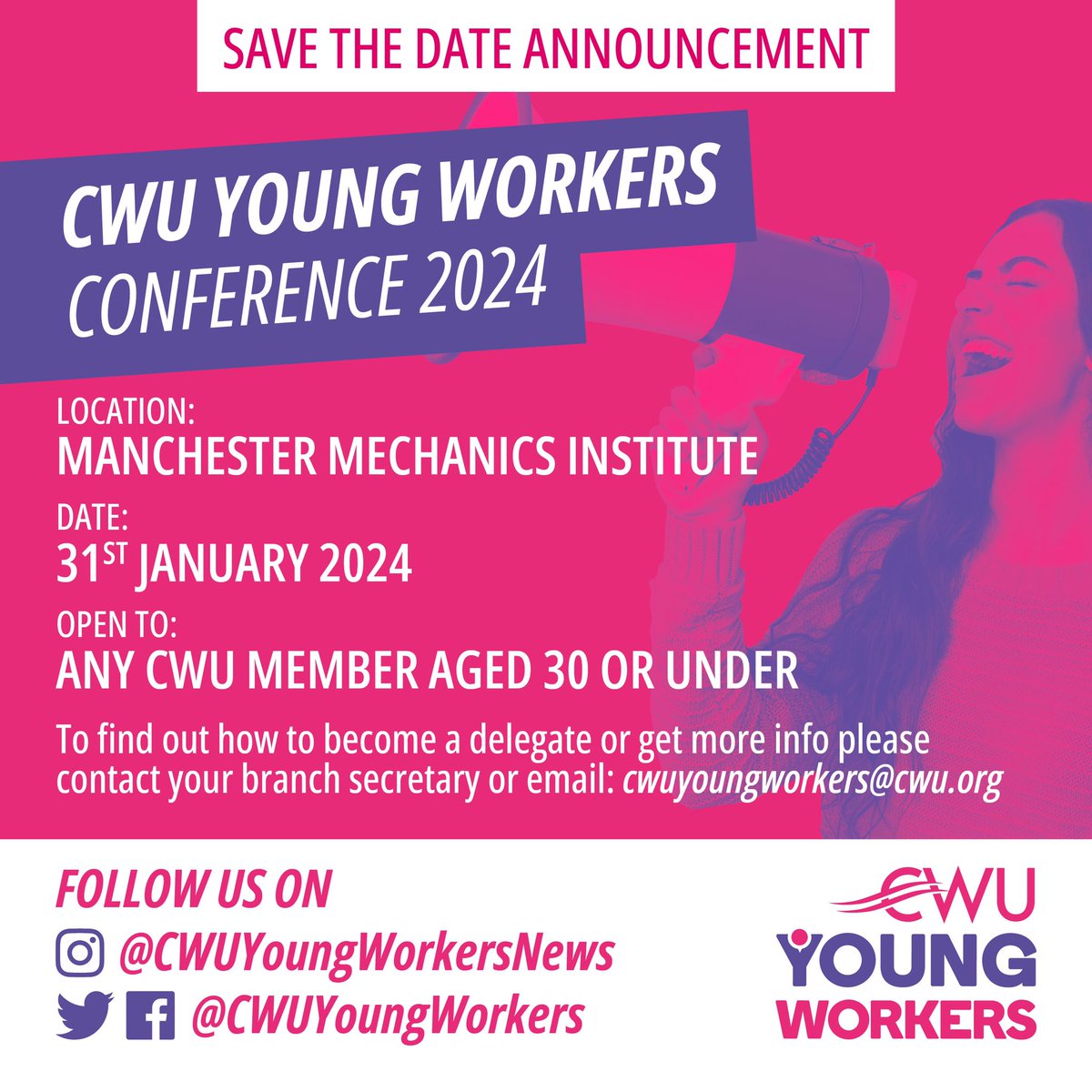 ⭐️ CALLING ALL CWU& UTAW YOUNG WORKERS! Our annual Young Workers conference will be taking place in Manchester on the 31st January 2024. Please contact your branch to get registered as a delegate or reach out to us on cwuyoungworkers@cwu.org for further information. @CWUnews
