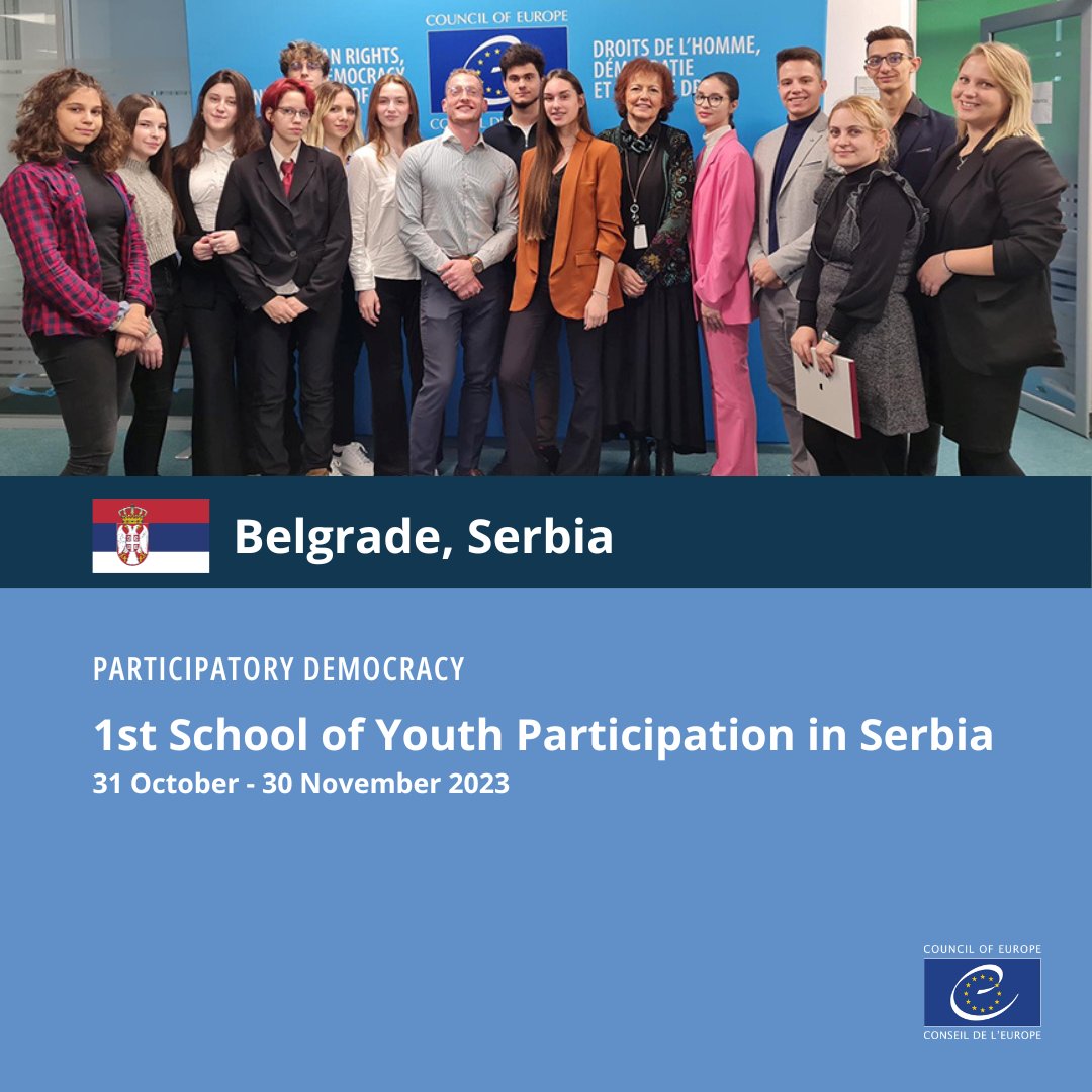 CoEDemocracy's tweet photo. Empowering youth in 🇷🇸! Inspired by the @coe School of Participatory Democracy, the 1st School of #YouthParticipation was initiated &amp; students visited the CoE office Belgrade to learn more about innovative participatory tool💡Exciting initiatives underway! https://t.co/zA3YGapcrz https://t.co/4v4zI8BIp3