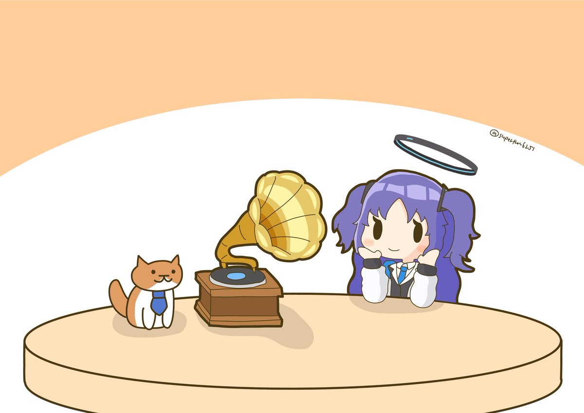 yuuka (blue archive) 1girl phonograph halo necktie purple hair blue necktie two side up  illustration images