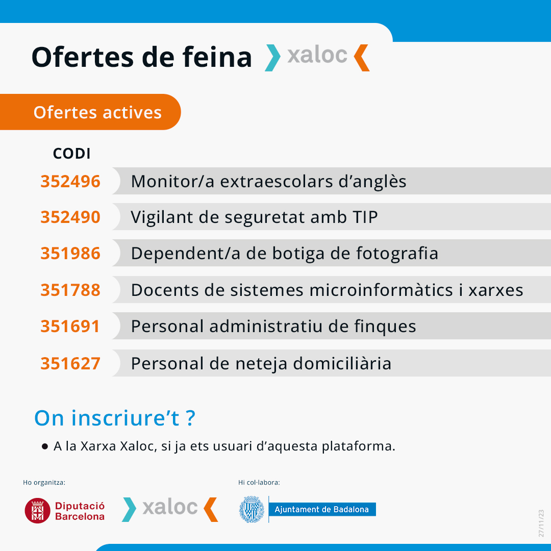 IMPOBdn's tweet photo. 📢Com cada dilluns, us portem noves ofertes de feina que podeu trobar a la Xarxa Xaloc. Si estàs cercant feina no perdis l’oportunitat!
➡️Accedeix a les ofertes mitjançant el següent enllaç i introdueix el codi de l’oferta per cercar-la:
https://t.co/53CuvIWIzY
#Ofertesfeina https://t.co/fqYjPF50qx