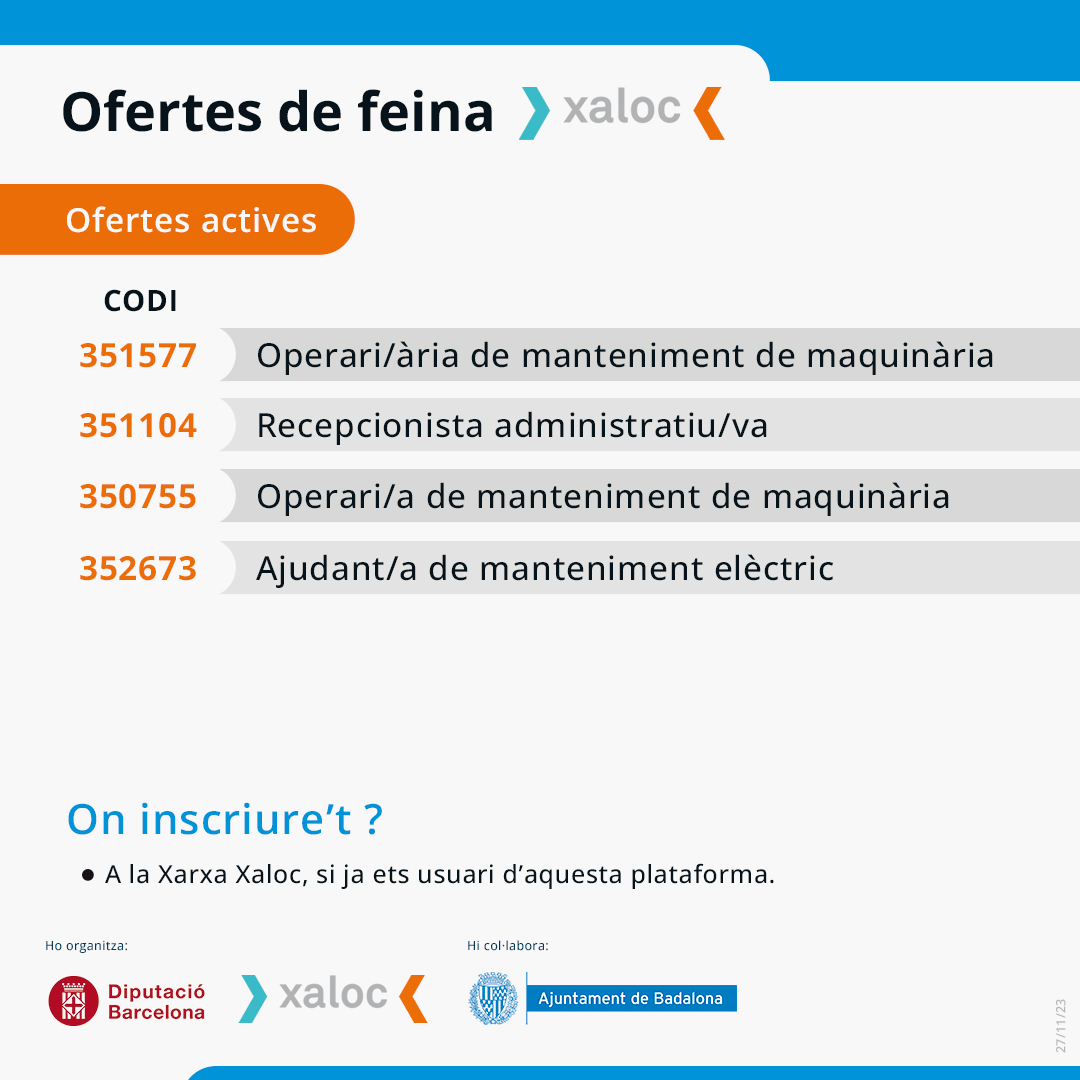 IMPOBdn's tweet photo. 📢Com cada dilluns, us portem noves ofertes de feina que podeu trobar a la Xarxa Xaloc. Si estàs cercant feina no perdis l’oportunitat!
➡️Accedeix a les ofertes mitjançant el següent enllaç i introdueix el codi de l’oferta per cercar-la:
https://t.co/53CuvIWIzY
#Ofertesfeina https://t.co/fqYjPF50qx
