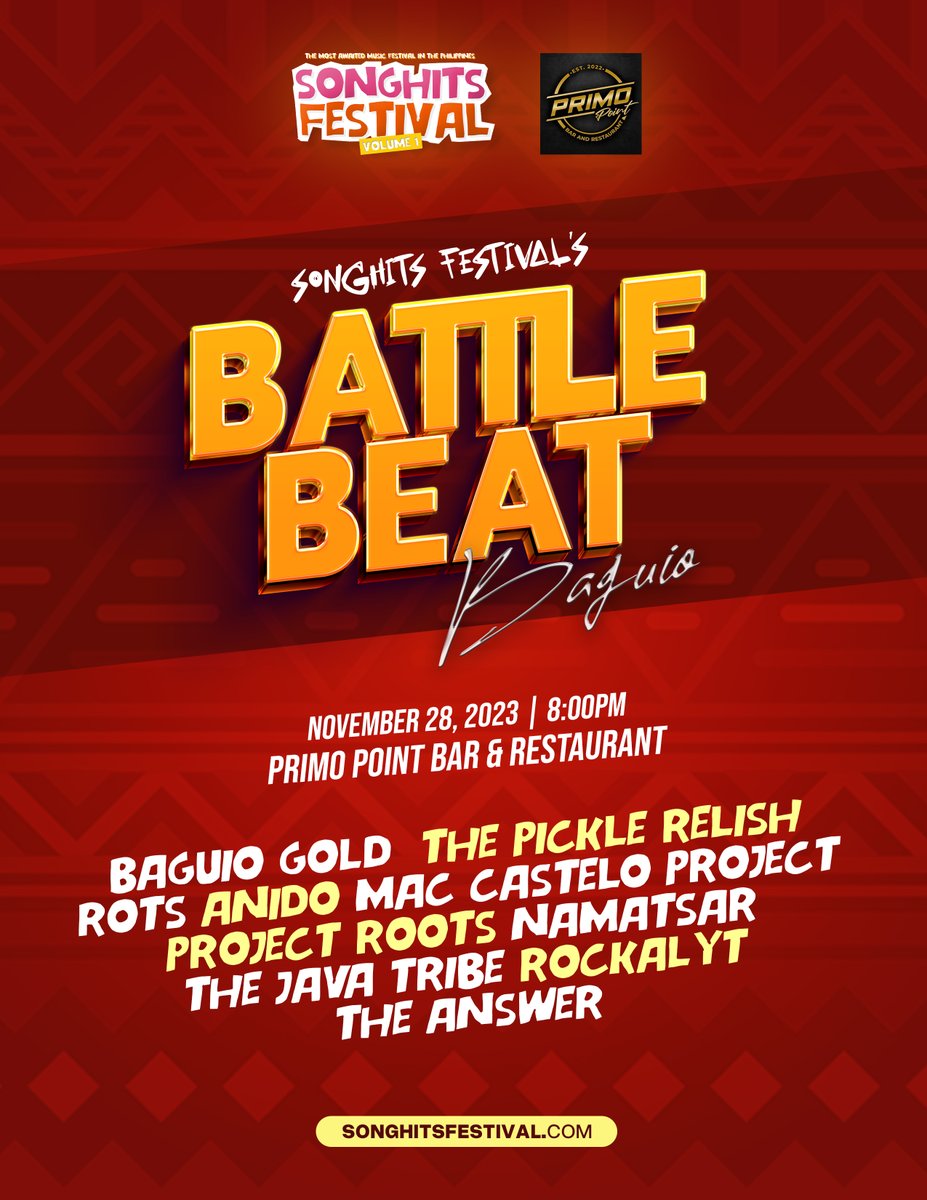 SongHitsFest's tweet photo. Tara jamming bukas sa Primo Point Bar &amp; Restaurant para sa BattleBeat LIVE round! Sino sino kaya ang mga mapapalad na bandang makakasama sa SongHits Festival?

FREE ENTRY to mga beshy kaya arat na! 🤟 https://t.co/1mjc8Y2zxb