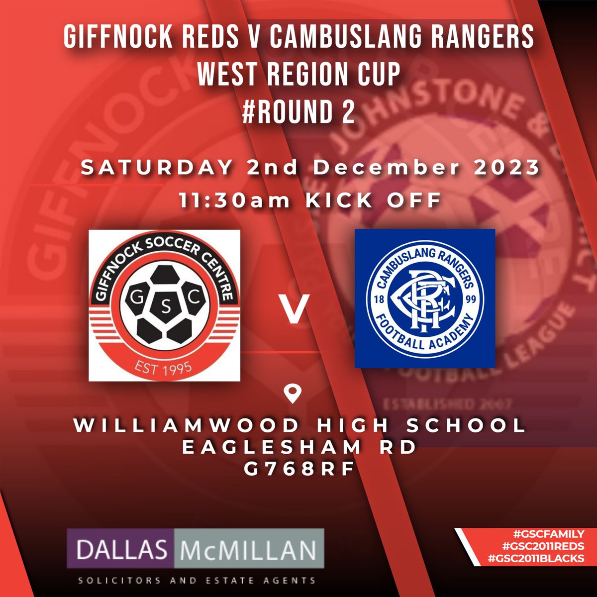 GSC2011RedBlack's tweet photo. 🔴⚫️Giffnock 2011's Red Fixture Alert🔴⚫️
⚽️ Giffnock SC 2011 Reds v Cambuslang Rangers
🏆 West Region Cup Round 2
🗓️Saturday 2ndDecember 2023
⌚️11:30am Kick Off
🏟️Williamwood High School, Eaglesham Rd, Glasgow G76 8RF
#gscfamily #gsc2011reds #gsc2011blacks https://t.co/7qSgZcVPtB