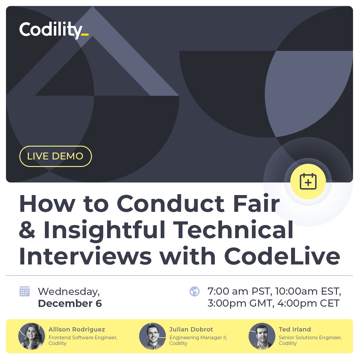 codility's tweet image. Join us for a live demo of #CodeLive! 🚀 

See how this collaborative environment can revolutionize your #technicalinterviews, mitigate bias, &amp;amp; assess candidates fairly with standardized #interviews. 

Register here: bit.ly/3MXKnY2

#HiringTechTalent #InnovationInHiring